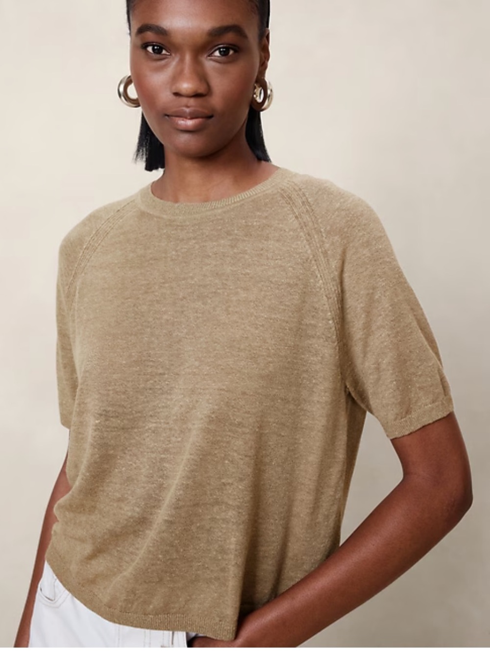❤️ Banana Republic Linen Blouse Tee Sweater short sleeve iatmeal tan natural